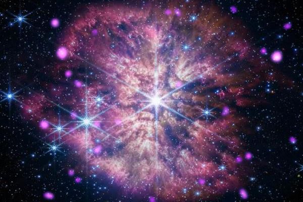 Cosmology: A bright star at center surrounded by pinkish clouds and other colorful stars.