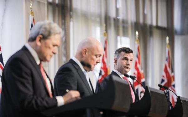 Deputy Prime Minister Winston Peters, Prime Minister Christopher Luxon and ACT leader David Seymour on 24 November, 2023.