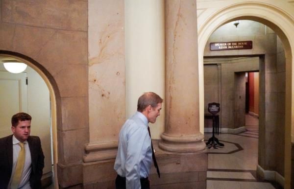 Ohio Rep. Jim Jordan walks to the House speakers office after a second round of voting for a new speaker of the House ended with Jordan once again failing to win the speakers gavel at the U.S. Capitol in Washington on Oct. 18.