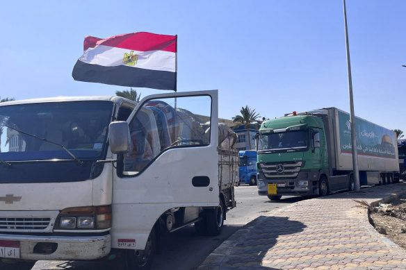 Humanitarian aid convoy for the Gaza Strip is parked in Arish, Egypt.